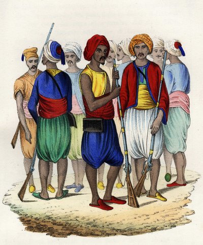 1830年に訓練されたアフリカのフランス軍の土着のティライユ（騎兵）であるズアーブ。Storia d