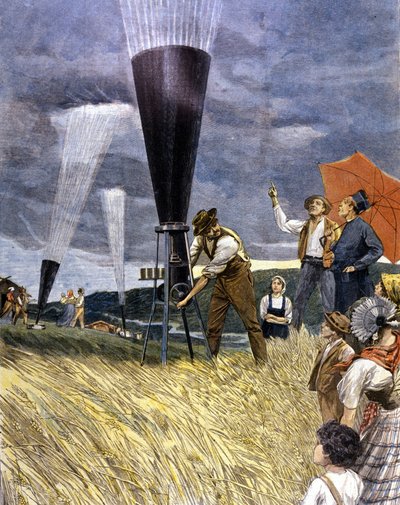 1899年、イタリアのワイン生産者が雹に対抗して作った樽。 作： Unknown artist