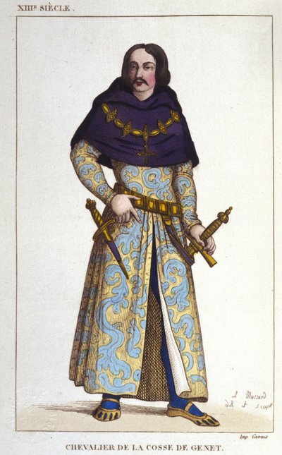 1365年のポスリエールであるシュヴァリエ・ド・ラ・コゼ・ド・ジュネの衣装 1830年の彫刻 作： Unknown artist