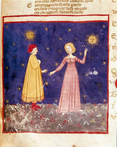 最初の天国。ダンテは楽園でベアトリーチェと出会う。ダンテ・アリギエーリ(1265-1321)の「神曲集」から楽園の歌を描いたイルミネーションページ。14世紀、ヴェネツィア、ビブリオテカ・マルチャーナ 作： Unknown artist