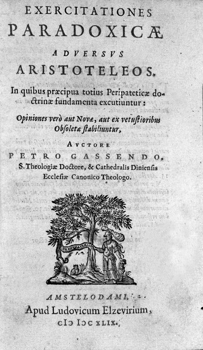 フランスの哲学者、天文学者、数学者、物理学者であるピエール・ガッセンディ（1592-1655）の「アリストテレオスに逆らうパラドキシカルムの練習」の扉。 作： Unknown artist