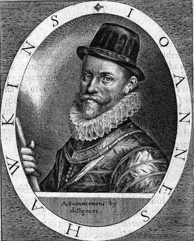 ジョン・ホーキンス卿（ホーキンス）の肖像画 イギリスの提督（1532-1595） 世界で初めて黒人の貿易を行ったことで知られ、ロンドンの商人の資金援助を受けて、アフリカとアメリカ大陸を何度も往復しました。1620年のエングレーヴィング。 作： Unknown artist