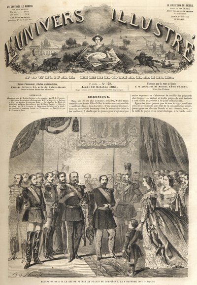 プロイセン王ウィリアムのフランス皇帝ナポレオン3世への訪問（フランス・コンピエーニュにて） 1861年 - プロイセン王ウィリアム1世（1797-1888）のナポレオン3世臨席のもとでのコンピエーニュ訪問 - Engraving from "The Illustrous Universe" 作： Unknown artist