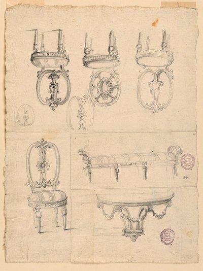 素描、椅子、建築スケッチ、1785-1795年 作： Unknown artistUnknown artist