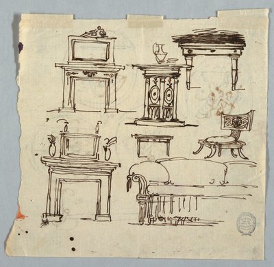素描、煙突の小片、家具、天井のメダリオン、1790-1810年 作： 無名の画家