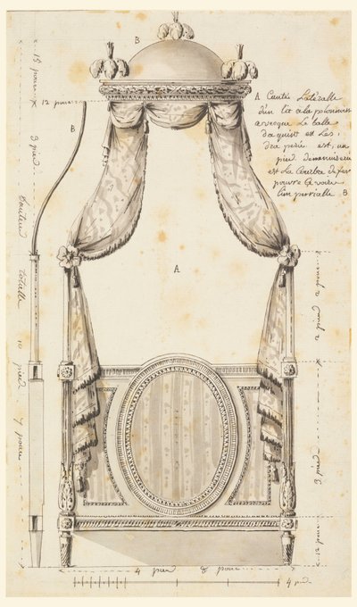 素描、ポーランド風ベッドのデザイン、1780年 作： 無名の画家