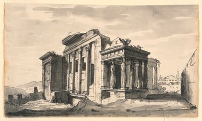 素描、舞台美術、アクロポリスのエレクテイオン、アテネ、ギリシャ、19世紀初頭 作： 無名の画家