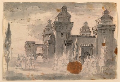 素描、舞台美術、城の眺め、1810-1820年 作： 無名の画家