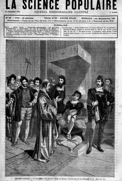(Cardanus Hieronymus) Gerolamo Cardano (Jerome Cardan), イタリアの医師、数学者、哲学者 (1501-1576), 英国王エドワード6世のホロスコープを提示。 作： Unknown artist