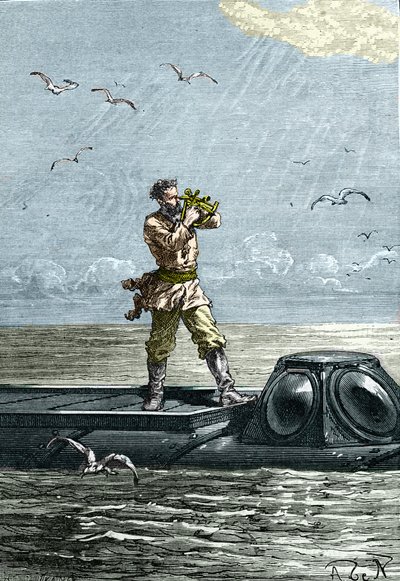 海底2万リーグ。潜水艦「ノーチラス号」のネモ船長。ジュール・ヴェルヌの小説「海底二万里」の挿絵（Twenty-thousand - 20,000 - 20000）。 作： Unknown artist