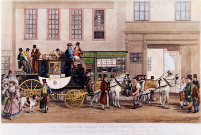 1831年、オックスフォードの「スター・ホテル」の前での勤勉さ」19世紀のエングレーヴィング。 作： Unknown artist