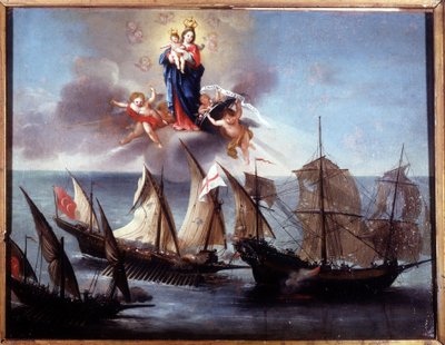 ガリオットと蛮族のハーフガレーに襲われるジェノバの船。Ex-voto 1796.Museo navale di Genova-Pegli. 作： Unknown artist