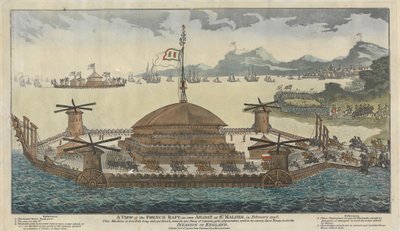 A View of the French Raft, as seen Afloat at St. Maloes, in February 1798. The machine is 600 Feet long and 300 broad, mounts 500 pieces of Cannon, 36 &48 pounders, and is to convey 15,000 Troops & for the Invasion of England.   1441698   ja       japanese 作： Unknown artist