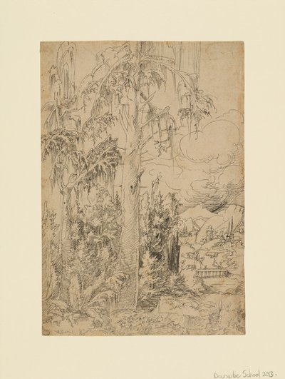 橋の向こうに町があり、遠くの山々が見える森の風景 作： Unknown artist