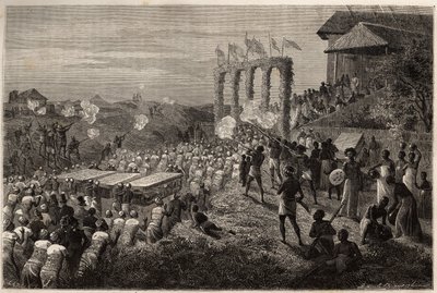 テテ（モザンビーク）の花嫁行列。1840年から1856年にかけて行われたリビングストン博士の南部アフリカへの最初の航海を描いたエングレーヴ。 作： Unknown artist