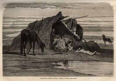ボスニア北部の平原にある遊牧民ジプシーのキャンプ。ジョルジュ・ペロが1868年に行った南スラブ人との旅の思い出を示すための版画で、エドゥアール・シャルトン編『Le tour du monde』1870-1871に掲載されている。 作： Unknown artist