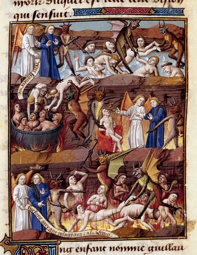Vincent de Beauvais (1190-1264)の "Le miroir historial" (Speculum Historiale) (ms. 1196 fol. 408 r.)の中の "Enfer "のミニチュアで、Guillaumeという子供が呪われた者たちの苦しみを観察している。 作： Unknown artist