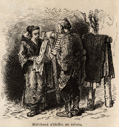 ディスカウント・クロス・ディーラーは、幼児を背負った若い女性に記事を作っています。1863年から1864年にかけて、スイス連邦公使のアイム・アンベールが日本への旅を描いたもので、「le tour du monde」に掲載された。 作： Unknown artist