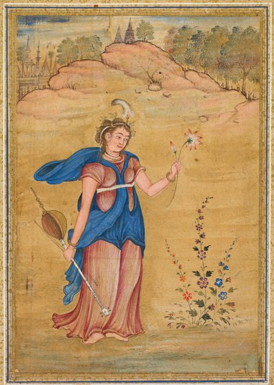 四弦の「フーチル」と蓮の花を持って風景の中に立つ女性像 作： Unknown artist