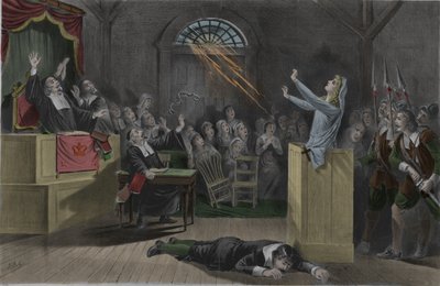 セーラムで行われた魔女の裁判で、魔女の鎖が稲妻によって焼かれる。 作： Unknown artist