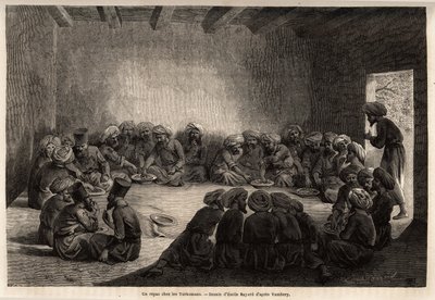 トゥルコーマン（イラク）での食事の様子。エミール・バイヤール（1837-1891）が、1863年にアルミニウス・ヴァンベリー（ダービッシュに変装したハンガリー人科学者）が行った中央アジアへの旅を説明するために描いたもの。エドゥアール・シャルトン編『Le tour du monde』に掲載された図版 作： Unknown artist