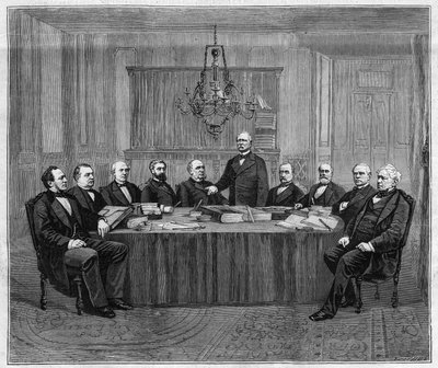ヴェルサイユで行われた閣僚会議の様子。左から右へ。ルイ・ビュッフェ（1818-1898）内務大臣、レオン・セイ（1826-1896）財務大臣、アンリ・ワロン（1812-1904）公共教育・礼拝・美術大臣、アルフレッド......。 作： Unknown artist