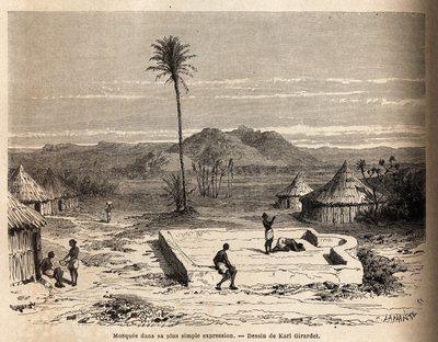 ナイル河畔のアブ・ハメッド近くの村にある、最もシンプルな表現のモスク。1848年から1860年にかけての東スーダンへの旅を説明するために、M.Tremmeauxが「Le tour du monde, nouveau journal des voyages」の中で描いたものである。 作： Unknown artist