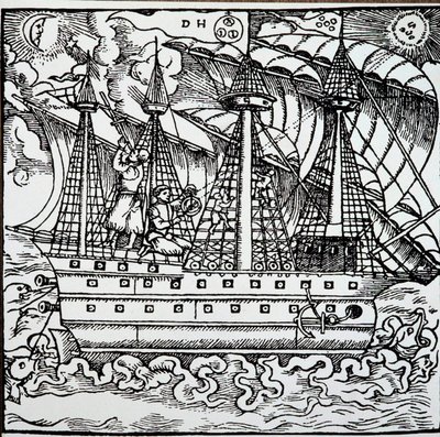 アストロラーベを使うポルトガルのカラベルの航海士。ドイツ人航海士ハンス・シュターデン（1525-1579）の旅行記からの挿絵 作： Unknown artist
