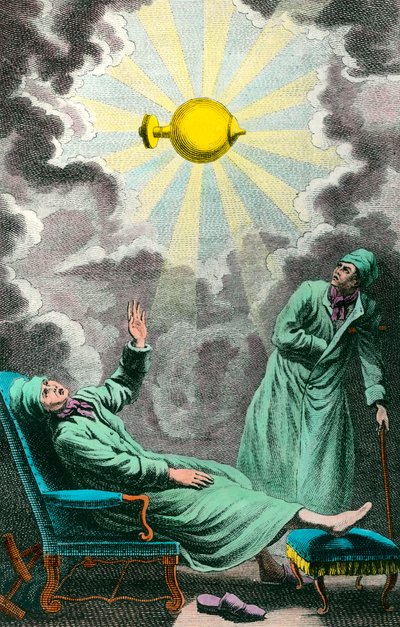 麻痺患者が、体力を回復させることができる電光石火に手を伸ばしている。正面図は、アベ・サンズがノアイユ公爵モンシニョールに捧げた作品「電気による麻痺の戦争」からの引用。エングレービング：J.B.シュヴァリー 作： Unknown artist