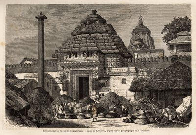 ベンガル地方南部の聖地・巡礼地であるジャガーノート・パゴダ（1200年頃建立）の正門前を歩く人気者。アルフレッド・グランディディエが1862年から1864年に行ったインドの子午線地域の航海を説明するためのエングレーヴィング。 作： Unknown artist