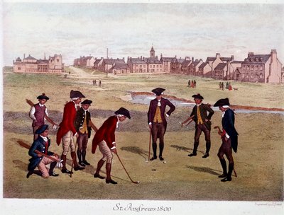 1800年、スコットランドのセント・アンドリュースで、英国の紳士たちとラウンドしたときの様子です。19世紀のパリのリトグラフ、装飾芸術 作： Unknown artist