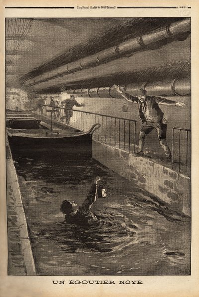 パリから来たセグッターは、牙のような派生物を掃除して溺れてしまう。Le petit journal" 15/9/1899に掲載されたエングレーヴィング。セルバ・コレクション。 作： Unknown artist
