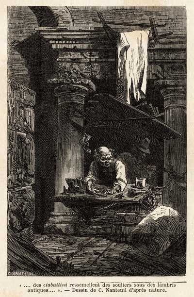 古代の遺跡に店を構えて仕事をする靴職人。フランシス・ウェイが1864年から1868年にかけて描いた「ローマへの旅」のためのエングレーヴ。セルバ・コレクション。 作： Unknown artist