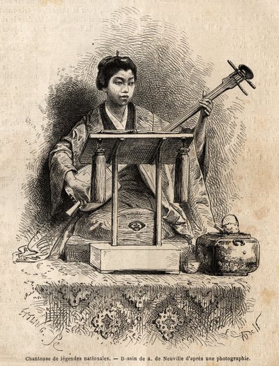 机の後ろに座って三味線を弾きながら歌を披露する国民的伝説の歌手。1863年から1864年にかけて、スイス連邦公使アイム・アンベールが日本への航海を説明するために描いた版画「Le tour du monde, nouveau journal des voyage 作： Unknown artist