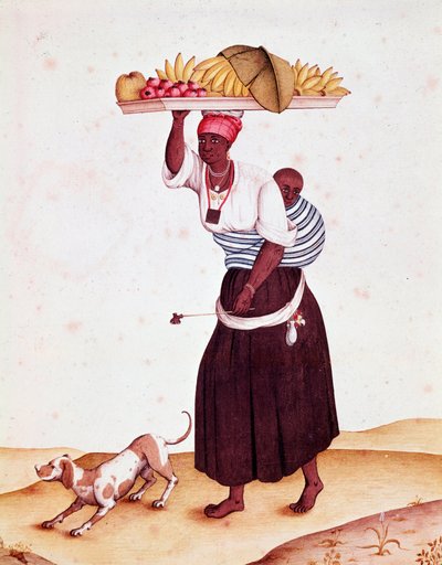 ブレシリアンの旅する果物商人で、子供を後ろに抱えています。18世紀の水彩画。リオデジャネイロ、国立図書館 作： Unknown artist
