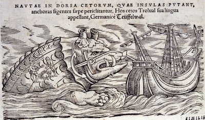 島と混同しているクジラ。二人の人間が海の怪物の背中に火をつけている。コンラッド・ゲスナー(1516-1565)によるエングレーヴィング n Historia Animalium, Tiguri 作： Unknown artist