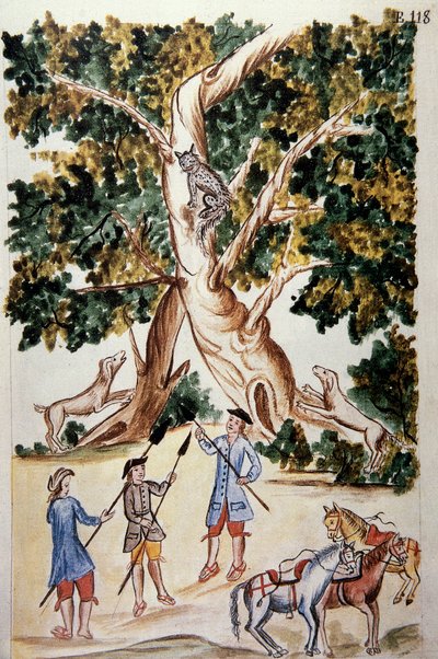 トルヒーリョ司教バルタサル・マルティネス・コンパニオン・イ・ブジャンダ（1782-1785）の著書「トルヒーリョ・デル・ペルー」（Códice Martínez Compañón）から、木に止まる野良猫とそれを待つ狩人 作： Unknown artist