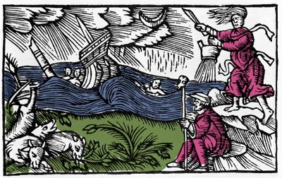 オラウス・マグヌスの "Historia de gentis septentrionalibus "の後、魔女がテンペテを起こしている（1555年、ローマ 作： Unknown artist