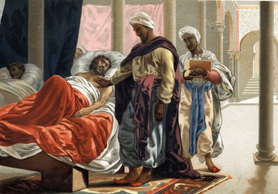 アブルカシス（Abul Qasim ibn Khalaf al-Abbas al-Zahrawi, 936 - 1013 AD）は、1000年頃のスペインで病人の世話をしていた。バルセロナ 1881年 作： Unknown artist
