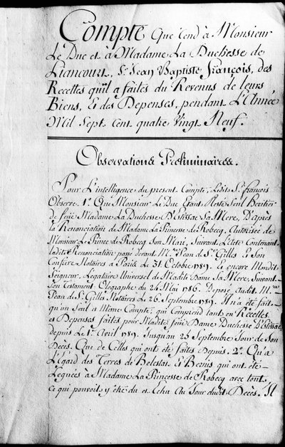 ロシュフーコーリアングール公爵の財産の1789年の会計簿。 作： Unknown artist