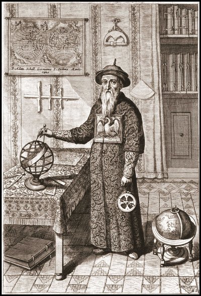 天文学者アダム・シャル(1592-1666)のマンダリン衣装、地球儀、天球儀、アストロラーベを持つ - アタナセ・キルヒャー（またはアタナシウス・キルヒャー）の「中国」にて 作： Unknown artist