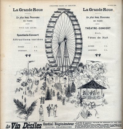 パリの最も美しいパノラマを1フランで提供する、パリの観覧車の広告。"Le sun-du-dimanche "に掲載されたエングレーヴィング。 作： Unknown artist