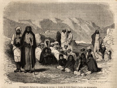 サルワール付近のアフガン・モンタニャード。1866年、Guillaume Lejeanが描いたパンジャブとカシミールへの航海を説明するためのエングレーヴィングで、Edouard Chartonの指導の下、"Le tour du monde, nouveau journal des voyages "に掲載された。 作： Unknown artist