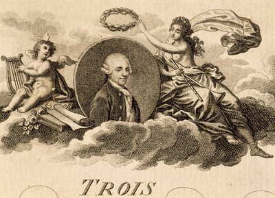 フランツ・ヨーゼフ・ハイドン（1732-1809）の「3つの四重奏曲」作品75、第1巻の楽譜のタイトルページにある「アレゴリー」。 作： Unknown artist