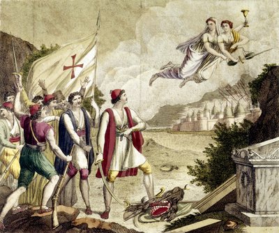 オスマントルコの支配下にあったギリシャの民族意識が再燃し、ギリシャ独立戦争（1821-1830）やギリシャ革命につながったことを示す寓話。 作： Unknown artist