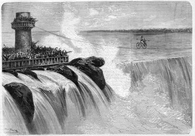 1869年、Velocipedeでナイアガラの滝を渡るアメリカ人ジェンキンス。 作： Unknown artist