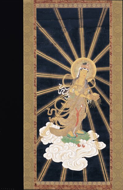 阿弥陀三尊天下（紺紙に顔料） 作： Unknown artist
