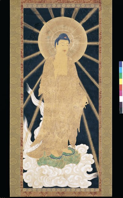 Amitabha (Amida) Triad Descending From Heaven (pigmentti konshilla (sininen riisipaperi)) 作： Unknown artist