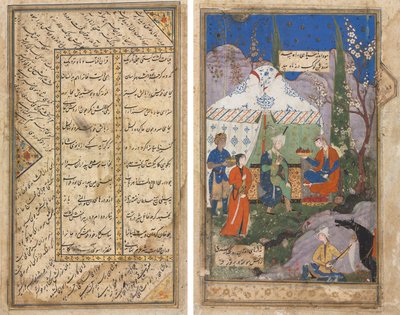 An Episode from the Story of the Sasanian King Khusrau and His Beloved Shirin, from a Khamsa (Quintet) of Nizami (1141–1209) (verso); Persian verses from a Haft Awrang (Seven Thrones) of Jami (d. 1492) (recto)   1300636   ja       japanese Successfully Tra 作： Unknown artist