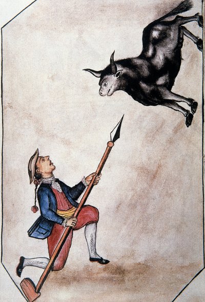 トルヒーヨ司教バルタサル・マルティネス・コンパニオン・イ・ブジャンダ（1782-1785）の著書「トルヒーヨ・デル・ペルー」（Códice Martínez Compañón）に登場する、槍で雄牛を指し示すインディアン。 作： Unknown artist